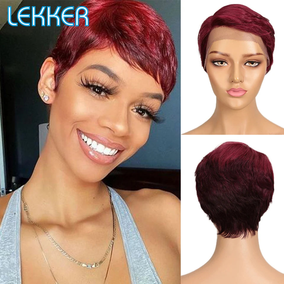 Lekker Wear to go Short Pixie Cut 13X6x1 Part Lace Front Human Hair Wigs For Women Glueless Brazilian Remy Hair Colored Bob Wigs