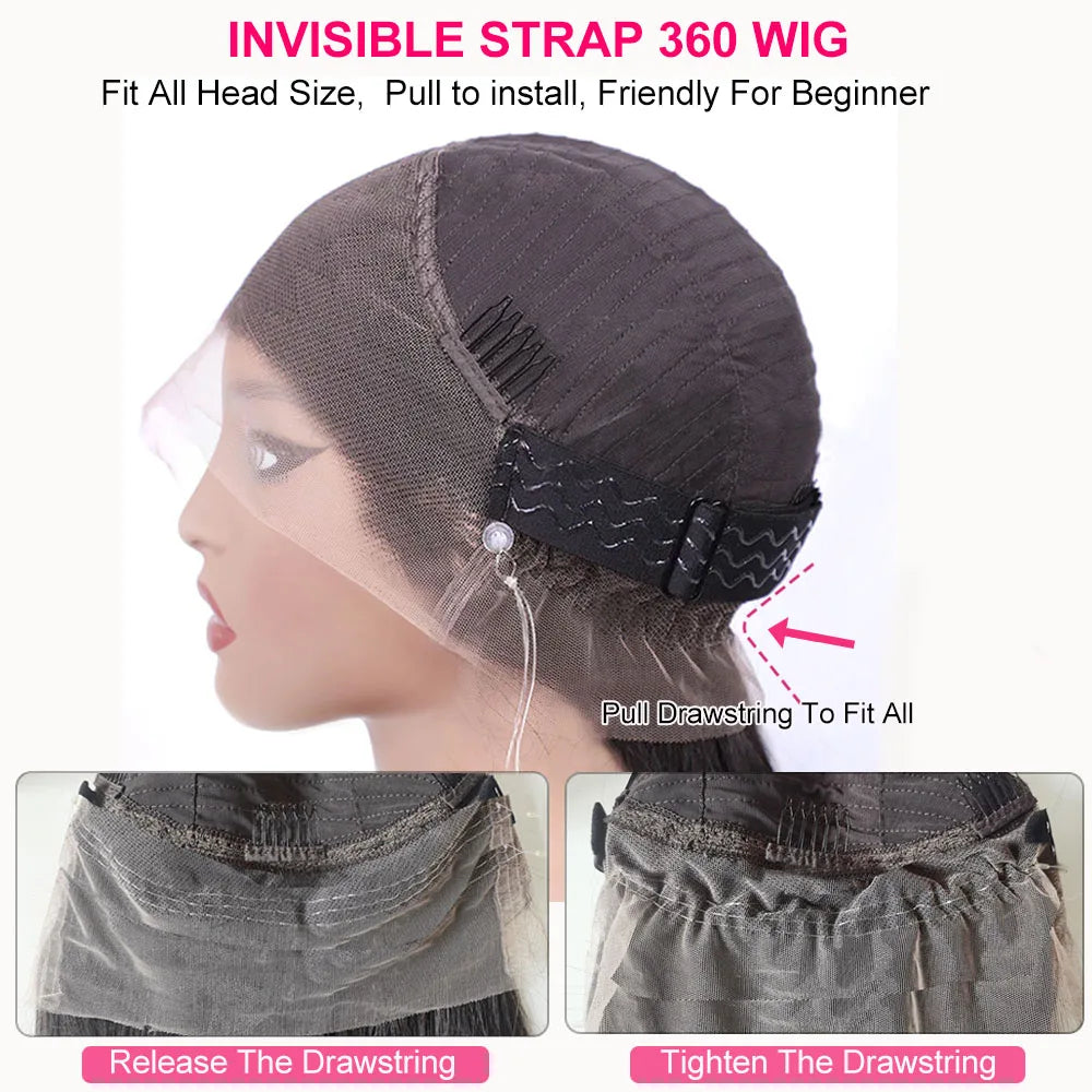 250 Density Invisi Strap 360 Full Lace Glueless Wig Invisible Drawstring Frontal Wig 30 Inch straight Lace Front Wig Human Hair