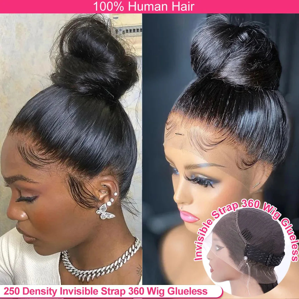 250 Density Invisi Strap 360 Full Lace Glueless Wig Invisible Drawstring Frontal Wig 30 Inch straight Lace Front Wig Human Hair