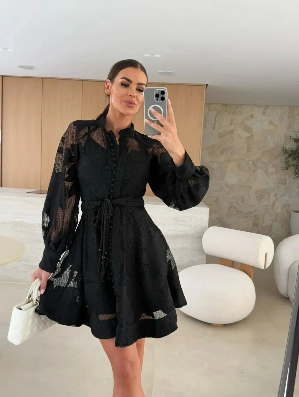 Fashionable Ins Embroidered Lace Dress Cross-Border Independent Station Floral Midi Skirt Polyester Fiber Full Sleeve