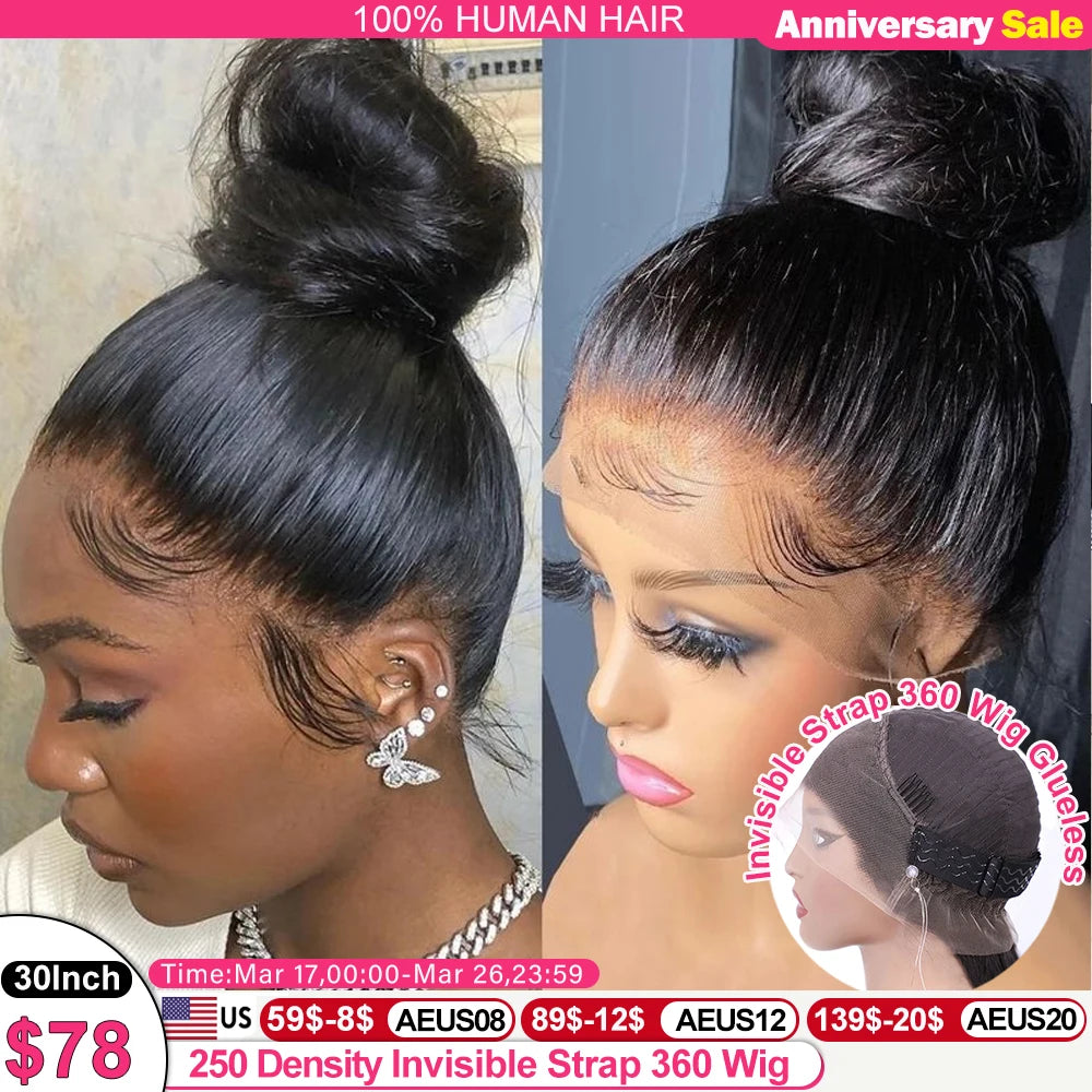 250 Density Invisi Strap 360 Full Lace Glueless Wig Invisible Drawstring Frontal Wig 30 Inch straight Lace Front Wig Human Hair