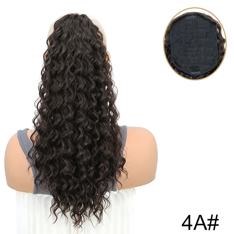 WIGSIN 18Inch Synthetic Kinky Curly Ponytail Hair Short Fluffy Curly Drawstring Clip Hair Extension Black Hairpiece for Women
