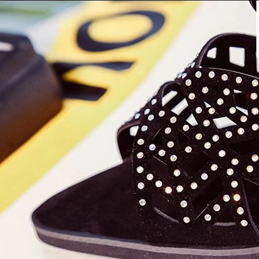 2022 New Style Women Summer Hollow Out Faux Leather Rhinestones Thick Heel Zipper Sandals Shoes Eur 35-41