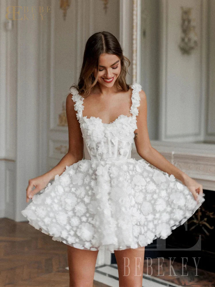 BEBEKEY Customized 3D Flower Mini Prom Dresses Short Spaghetti Straps A-line Lace Evening Party Dress Formal Party Gown Robe