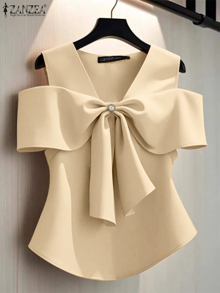 Women Summer Bow Tie Blouse 2025 ZANZEA Elegant Solid OL Work Shirt Casual V Neck Sleeveless Holiday Tops Stylish Party Blusas