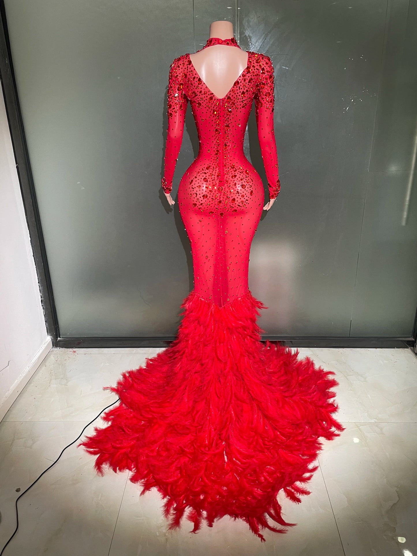 Luxury Sparkling Red Crystals Feathers Mermaid Long Sleeve Maxi Dress Women Formal Occasions Wedding Celebrate Party Prom Gown