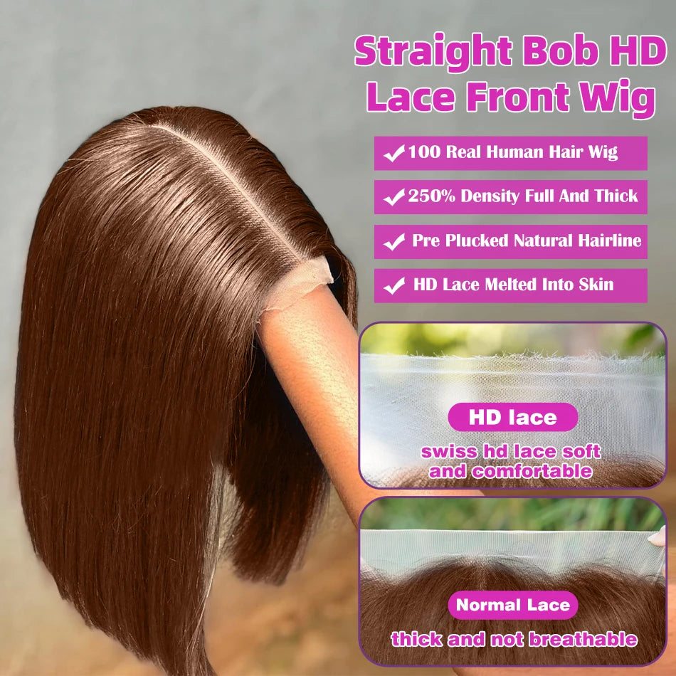 Brazilian 250 Density Short Bob 13x4 HD Transparent Lace Front Human Hair Wig Chocolate Brown Straight 13x5 Lace Frontal Wigs