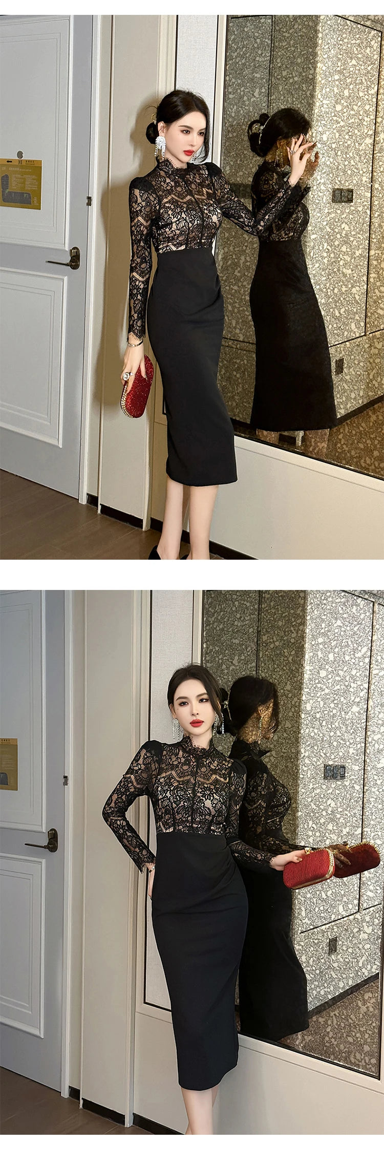 New Women's French Elegant Black Dress Celebrity Sheer Lace Spliced Midi Robe Professional Business Vestidos Mujer Party Gown