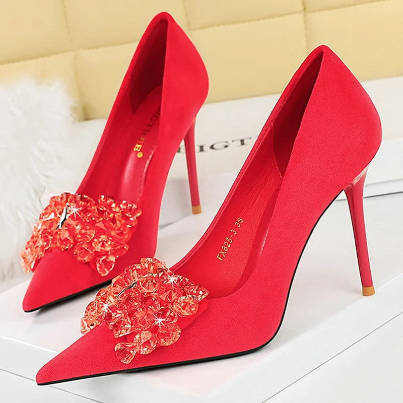 BIGTREE Shoes 2025 Rhinestone Women Pumps Bowknot High Heels Luxury Gemstone Banquet Shoes Stilettos Heels 9 Cm Ladies Shoes