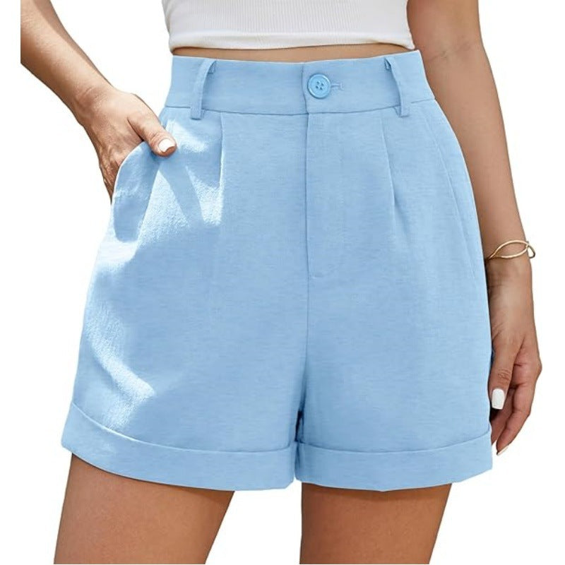 Women's Pleated Zipper Hemming Casual High Waist Shorts