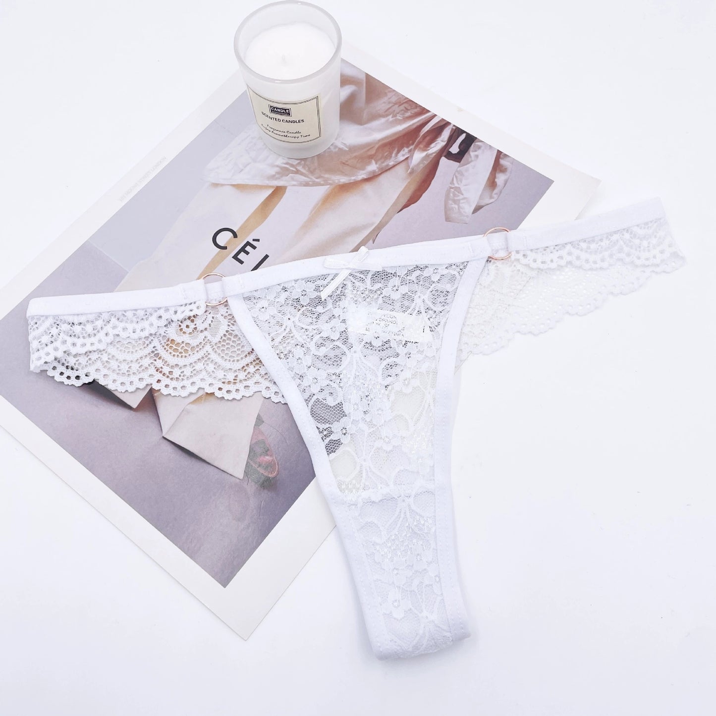 Rhinestone Letter Lace See-through Thong