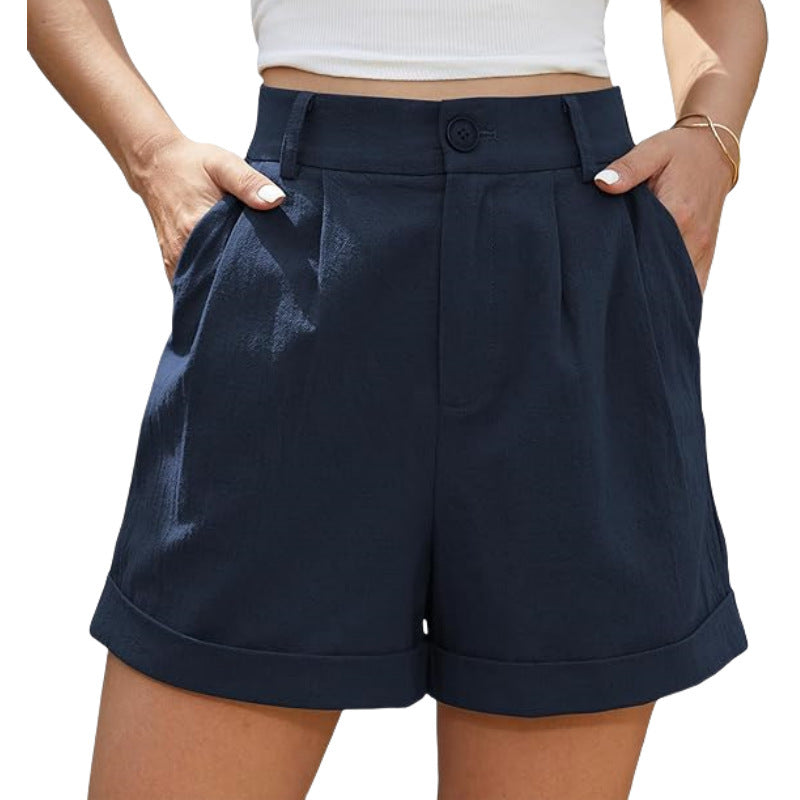 Women's Pleated Zipper Hemming Casual High Waist Shorts
