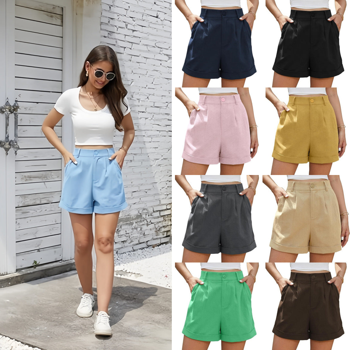 Women's Pleated Zipper Hemming Casual High Waist Shorts