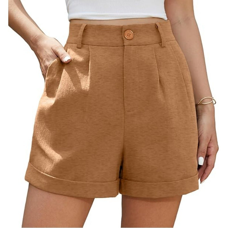 Women's Pleated Zipper Hemming Casual High Waist Shorts