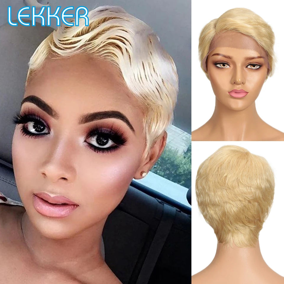 Lekker Wear to go Short Pixie Cut 13X6x1 Part Lace Front Human Hair Wigs For Women Glueless Brazilian Remy Hair Colored Bob Wigs