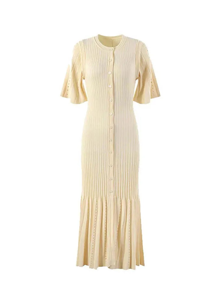 Elegant Knitted Patchwork Midi Dress Women's Short Sleeve High Waist Casual Single-Breasted Curvy Dresses Summer Black Apricot