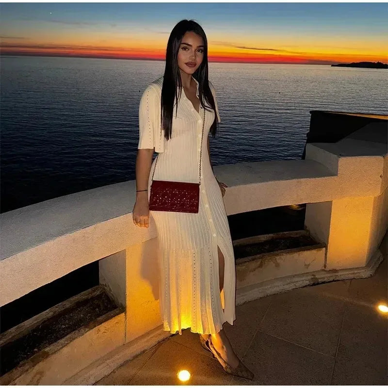 Elegant Knitted Patchwork Midi Dress Women's Short Sleeve High Waist Casual Single-Breasted Curvy Dresses Summer Black Apricot