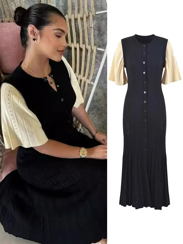 Elegant Knitted Patchwork Midi Dress Women's Short Sleeve High Waist Casual Single-Breasted Curvy Dresses Summer Black Apricot