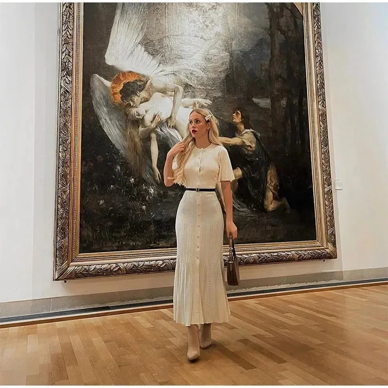 Elegant Knitted Patchwork Midi Dress Women's Short Sleeve High Waist Casual Single-Breasted Curvy Dresses Summer Black Apricot