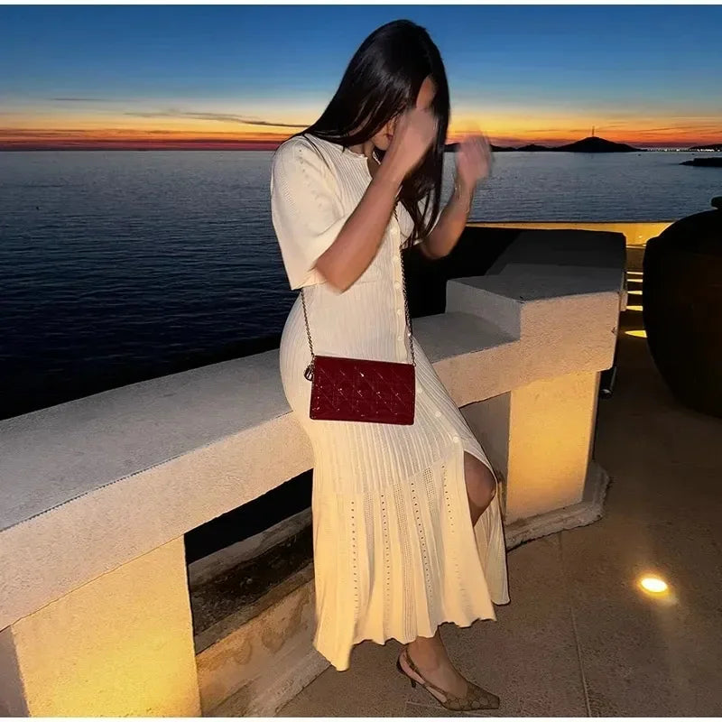 Elegant Knitted Patchwork Midi Dress Women's Short Sleeve High Waist Casual Single-Breasted Curvy Dresses Summer Black Apricot