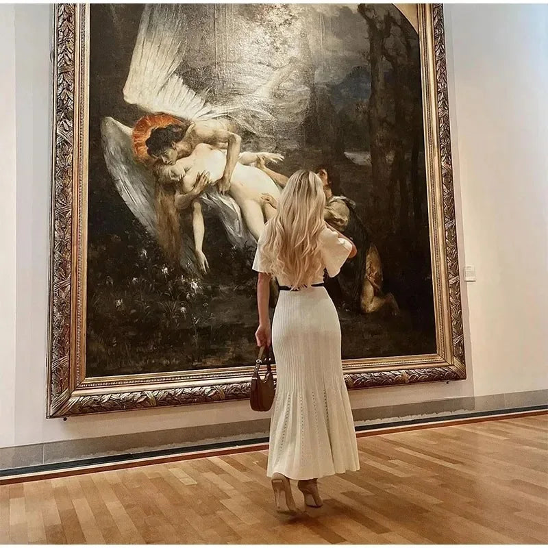 Elegant Knitted Patchwork Midi Dress Women's Short Sleeve High Waist Casual Single-Breasted Curvy Dresses Summer Black Apricot