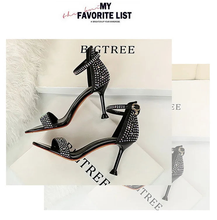 BIGTREE Shoes Rhinestone High Heels Women Pumps Sexy Kitten Heels Party Shoes Open Toe Women Sandals Heel Stiletto Wedding Shoes