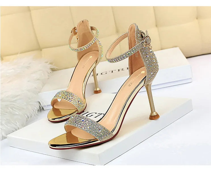 BIGTREE Shoes Rhinestone High Heels Women Pumps Sexy Kitten Heels Party Shoes Open Toe Women Sandals Heel Stiletto Wedding Shoes