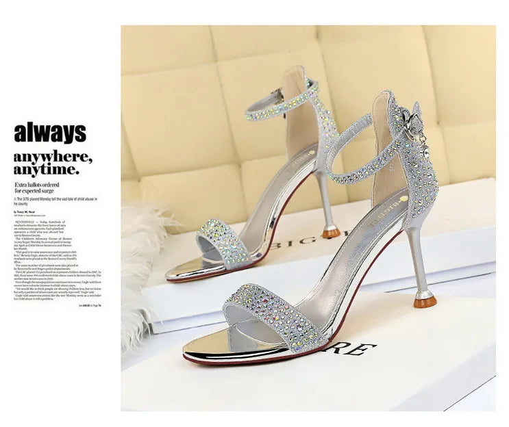BIGTREE Shoes Rhinestone High Heels Women Pumps Sexy Kitten Heels Party Shoes Open Toe Women Sandals Heel Stiletto Wedding Shoes