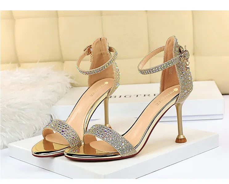 BIGTREE Shoes Rhinestone High Heels Women Pumps Sexy Kitten Heels Party Shoes Open Toe Women Sandals Heel Stiletto Wedding Shoes