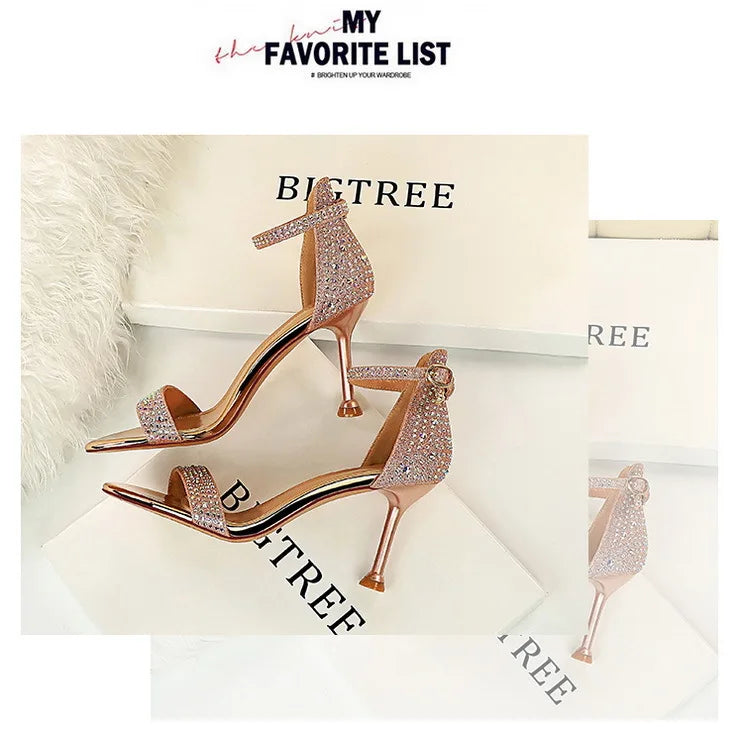 BIGTREE Shoes Rhinestone High Heels Women Pumps Sexy Kitten Heels Party Shoes Open Toe Women Sandals Heel Stiletto Wedding Shoes