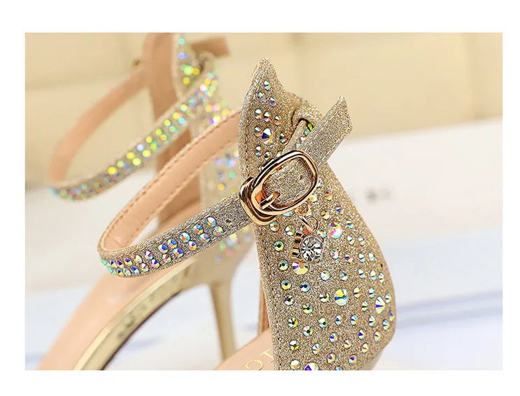 BIGTREE Shoes Rhinestone High Heels Women Pumps Sexy Kitten Heels Party Shoes Open Toe Women Sandals Heel Stiletto Wedding Shoes