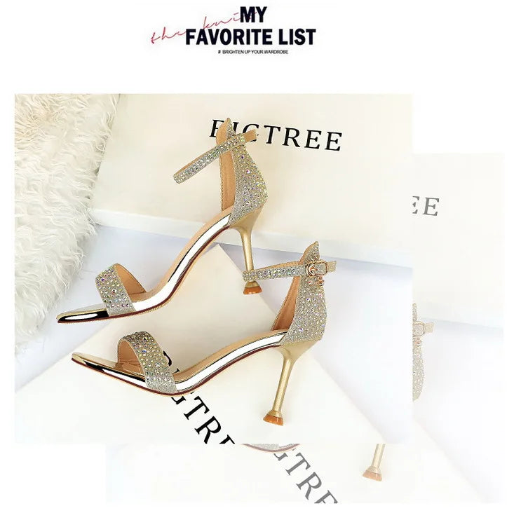 BIGTREE Shoes Rhinestone High Heels Women Pumps Sexy Kitten Heels Party Shoes Open Toe Women Sandals Heel Stiletto Wedding Shoes