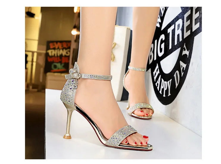 BIGTREE Shoes Rhinestone High Heels Women Pumps Sexy Kitten Heels Party Shoes Open Toe Women Sandals Heel Stiletto Wedding Shoes