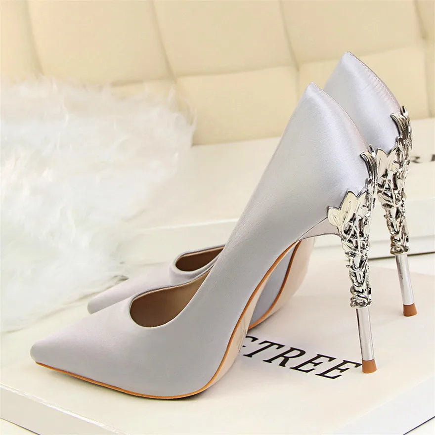 2025 New Elegant Metal Carved Heel Women Pumps Solid Silk Pointed Toe Shallow Fashion High Heels 10cm Female Wedding Dress Shoes