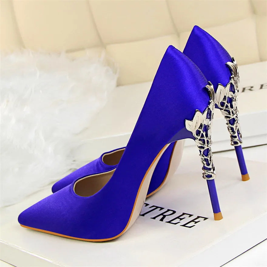 2025 New Elegant Metal Carved Heel Women Pumps Solid Silk Pointed Toe Shallow Fashion High Heels 10cm Female Wedding Dress Shoes
