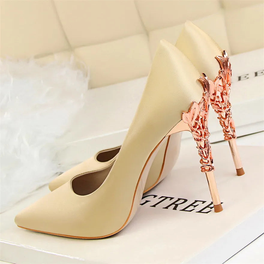 2025 New Elegant Metal Carved Heel Women Pumps Solid Silk Pointed Toe Shallow Fashion High Heels 10cm Female Wedding Dress Shoes