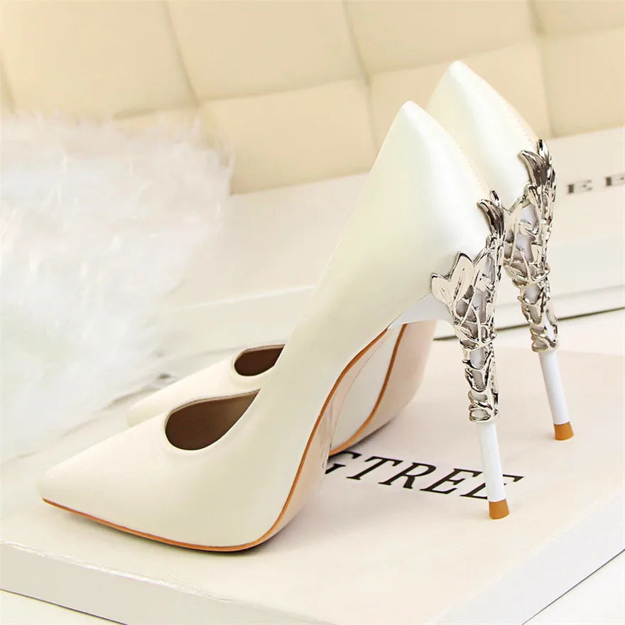 2025 New Elegant Metal Carved Heel Women Pumps Solid Silk Pointed Toe Shallow Fashion High Heels 10cm Female Wedding Dress Shoes
