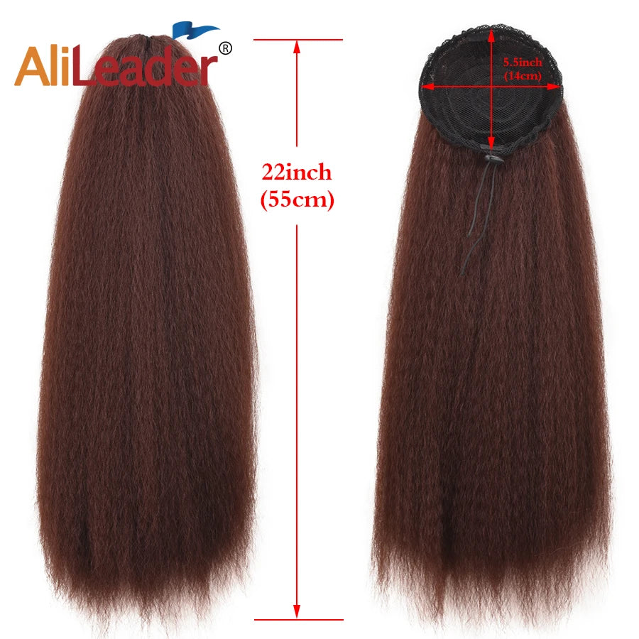 22 Inches Black Kinky Straight Ponytail Extension Synthetic Drawstring Ponytail For Black Women Yaki Pony Tails Hair Extensions