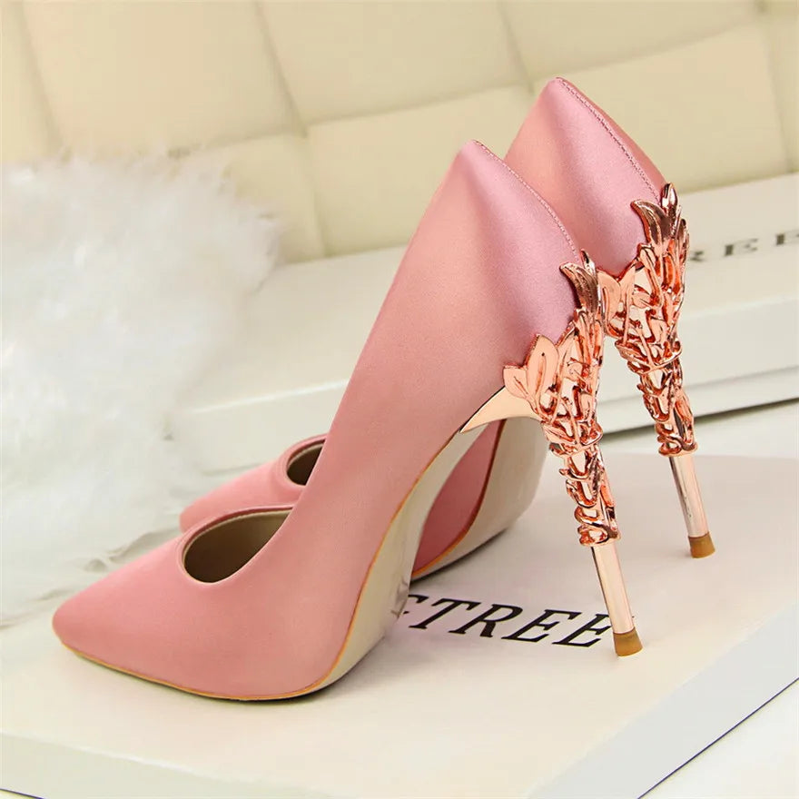 2025 New Elegant Metal Carved Heel Women Pumps Solid Silk Pointed Toe Shallow Fashion High Heels 10cm Female Wedding Dress Shoes