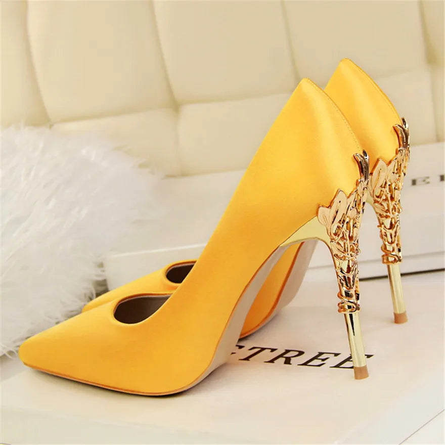 2025 New Elegant Metal Carved Heel Women Pumps Solid Silk Pointed Toe Shallow Fashion High Heels 10cm Female Wedding Dress Shoes