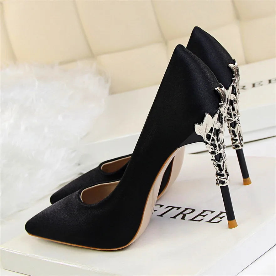 2025 New Elegant Metal Carved Heel Women Pumps Solid Silk Pointed Toe Shallow Fashion High Heels 10cm Female Wedding Dress Shoes