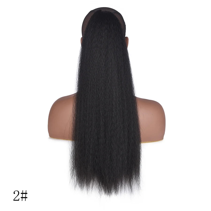 22 Inches Black Kinky Straight Ponytail Extension Synthetic Drawstring Ponytail For Black Women Yaki Pony Tails Hair Extensions