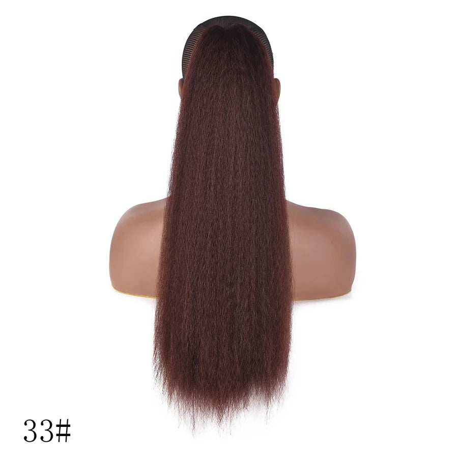 22 Inches Black Kinky Straight Ponytail Extension Synthetic Drawstring Ponytail For Black Women Yaki Pony Tails Hair Extensions