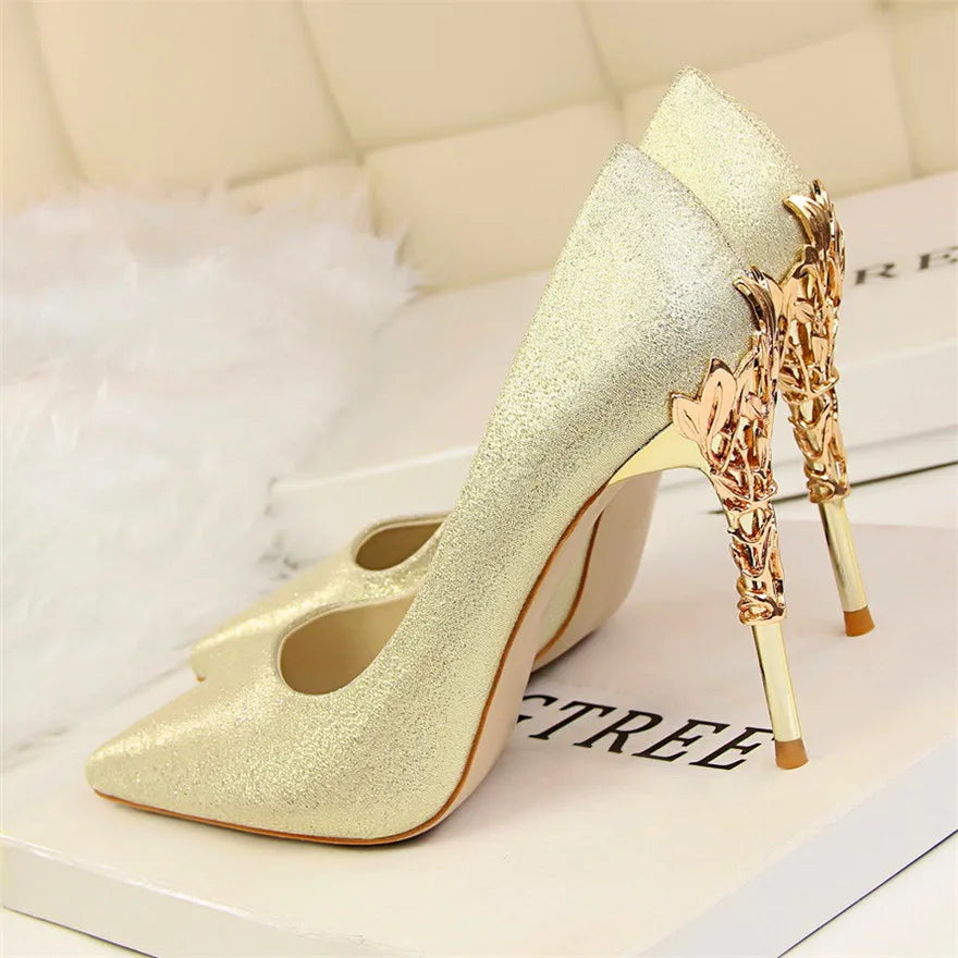 2025 New Elegant Metal Carved Heel Women Pumps Solid Silk Pointed Toe Shallow Fashion High Heels 10cm Female Wedding Dress Shoes