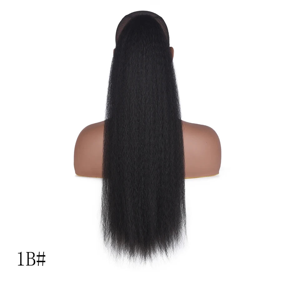 22 Inches Black Kinky Straight Ponytail Extension Synthetic Drawstring Ponytail For Black Women Yaki Pony Tails Hair Extensions