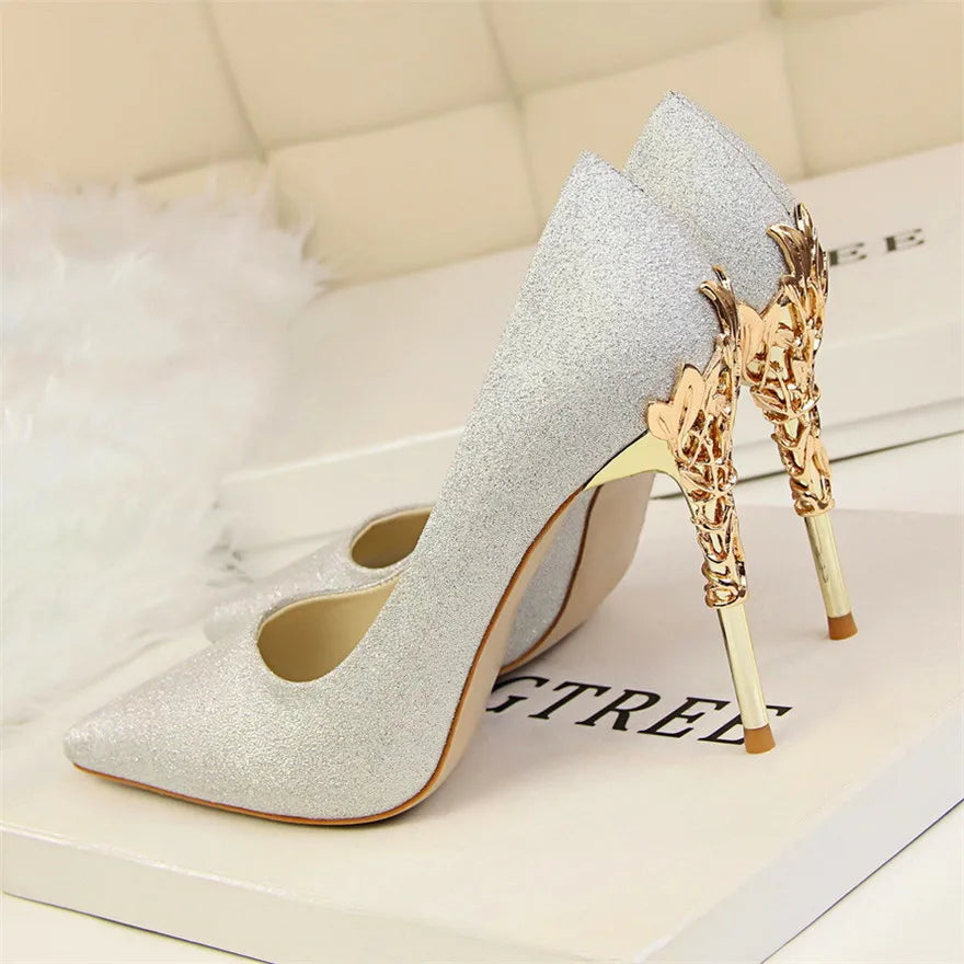 2025 New Elegant Metal Carved Heel Women Pumps Solid Silk Pointed Toe Shallow Fashion High Heels 10cm Female Wedding Dress Shoes