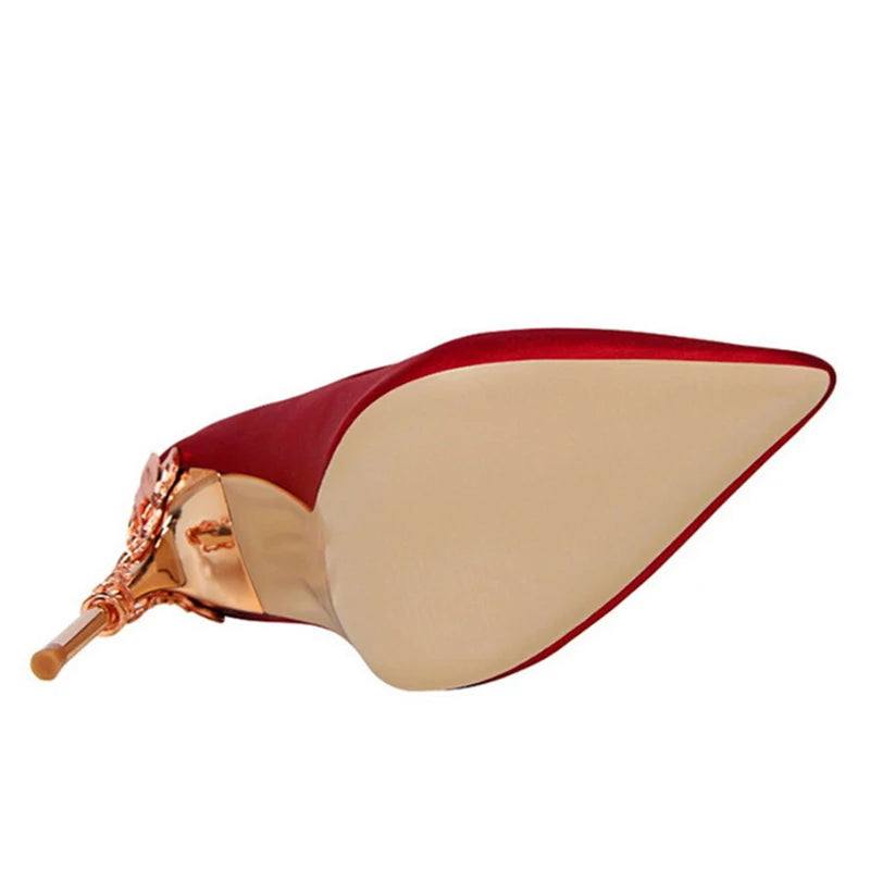 2025 New Elegant Metal Carved Heel Women Pumps Solid Silk Pointed Toe Shallow Fashion High Heels 10cm Female Wedding Dress Shoes