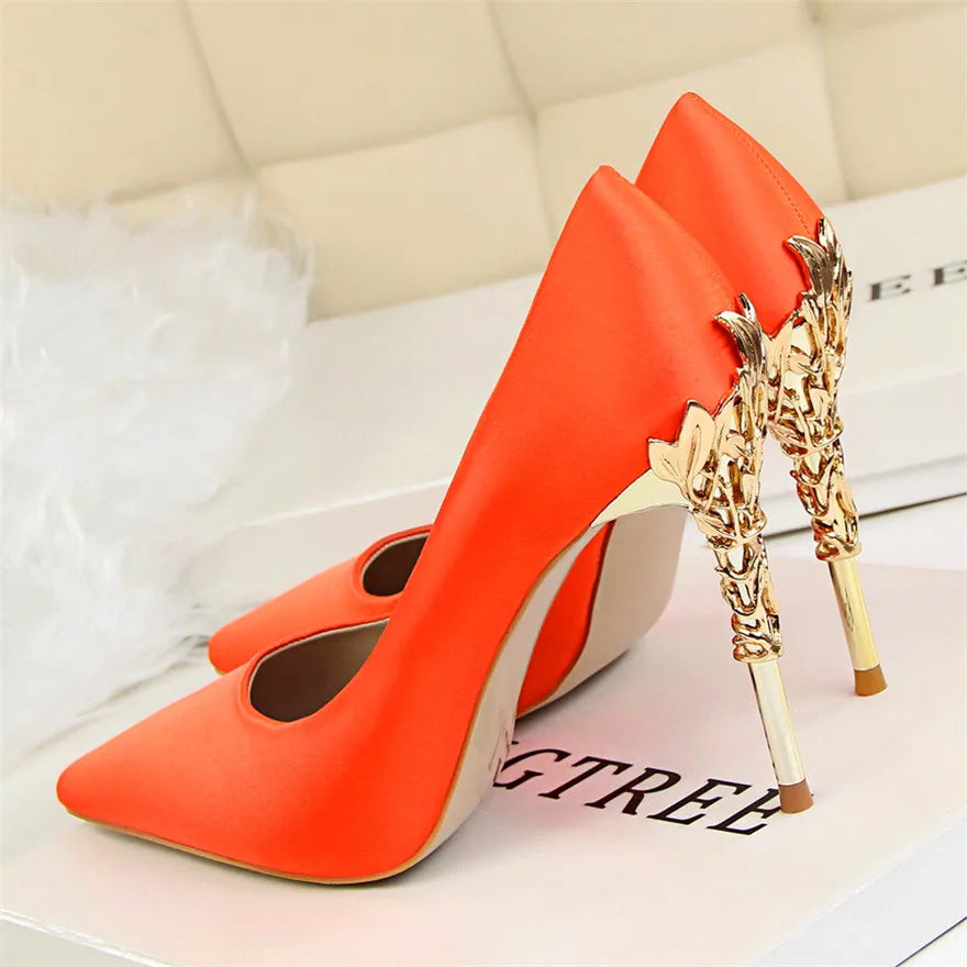 2025 New Elegant Metal Carved Heel Women Pumps Solid Silk Pointed Toe Shallow Fashion High Heels 10cm Female Wedding Dress Shoes