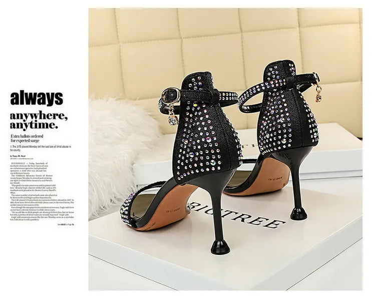 BIGTREE Shoes Rhinestone High Heels Women Pumps Sexy Kitten Heels Party Shoes Open Toe Women Sandals Heel Stiletto Wedding Shoes
