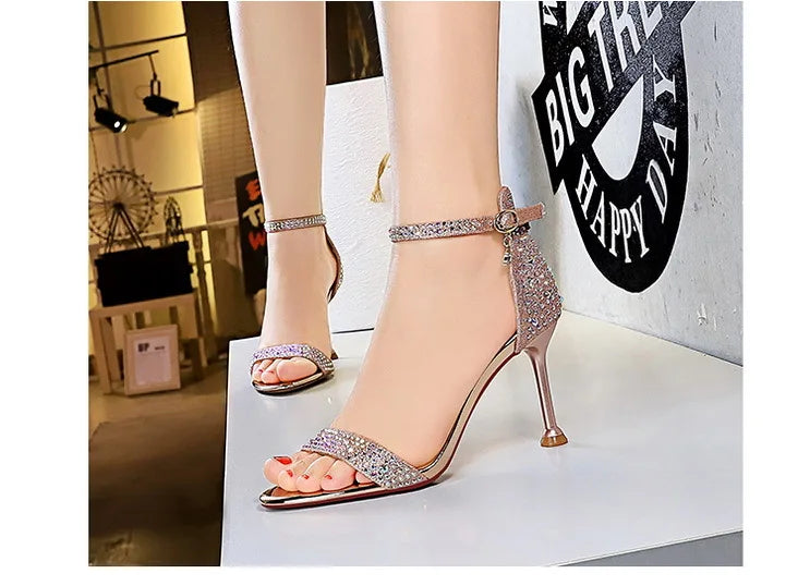 BIGTREE Shoes Rhinestone High Heels Women Pumps Sexy Kitten Heels Party Shoes Open Toe Women Sandals Heel Stiletto Wedding Shoes